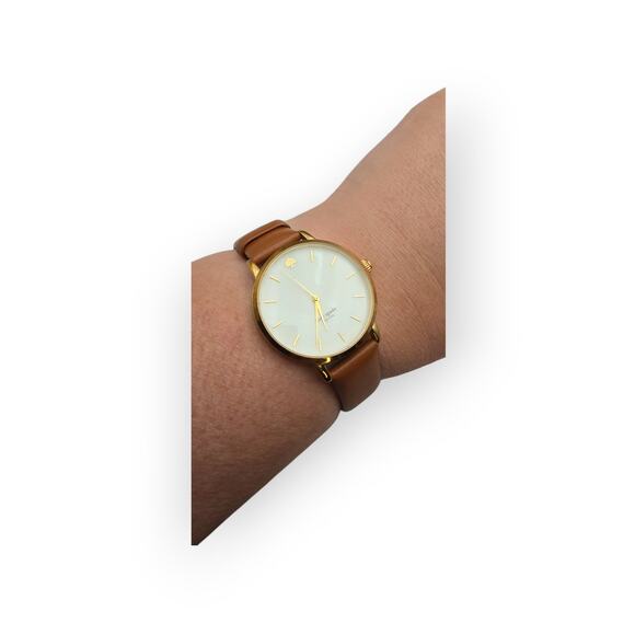 Kate Spade New York Gold-Tone Watch Brown Leather Strap Mother of Pearl Dial